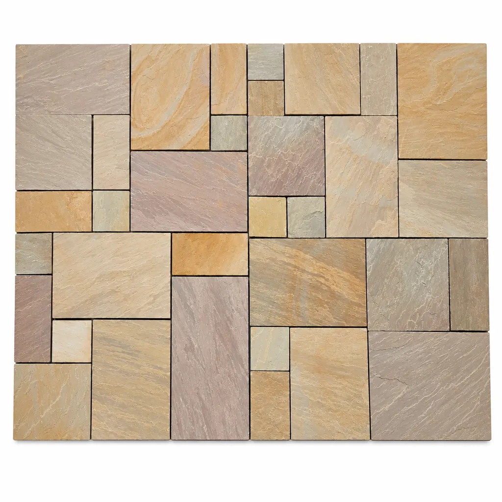 Autumn Brown sandstone paving in mixed sizes with warm brown, rust, honey and plum tones