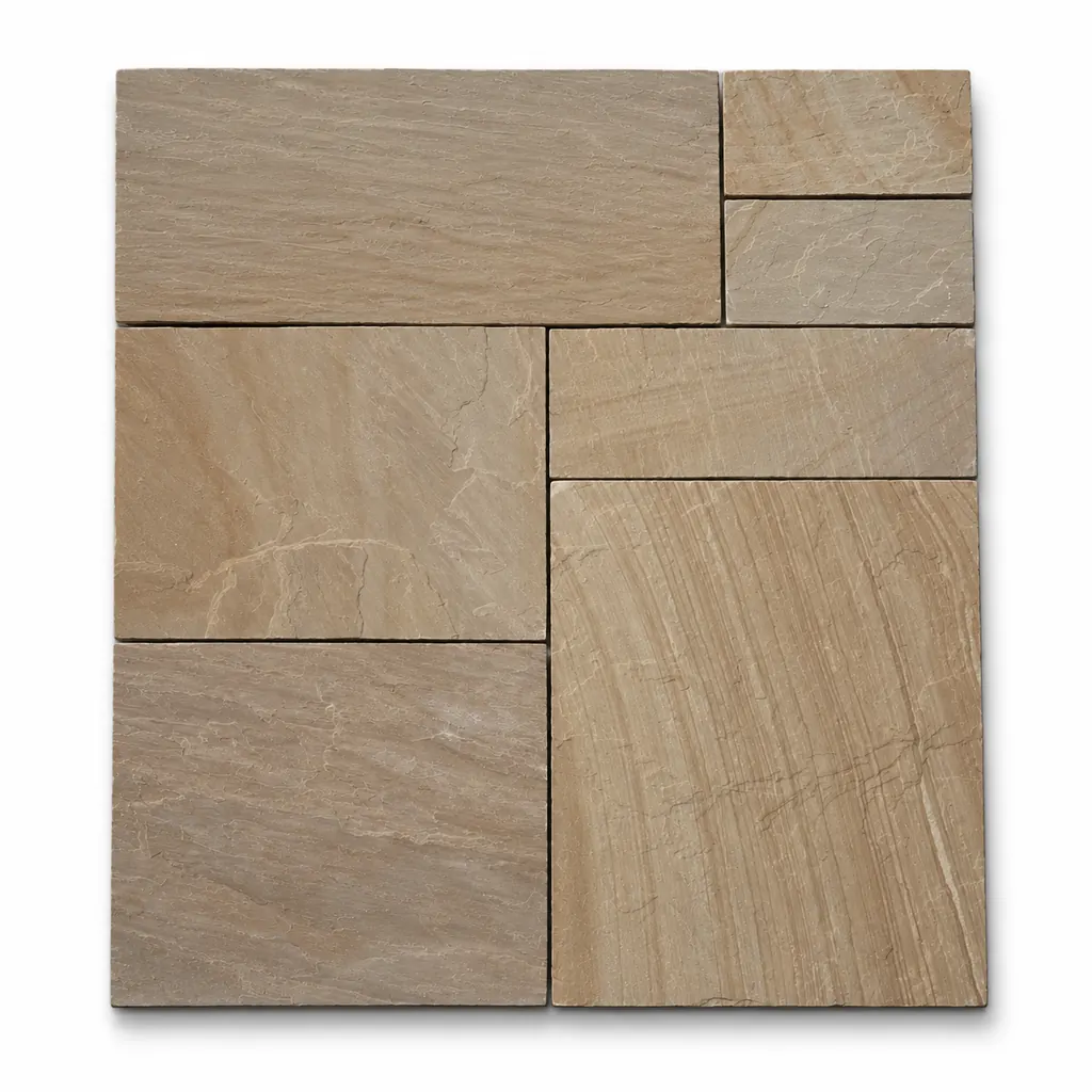 Camel Dust sandstone paving in mixed sizes with a sandy beige riven surface and soft linear grain