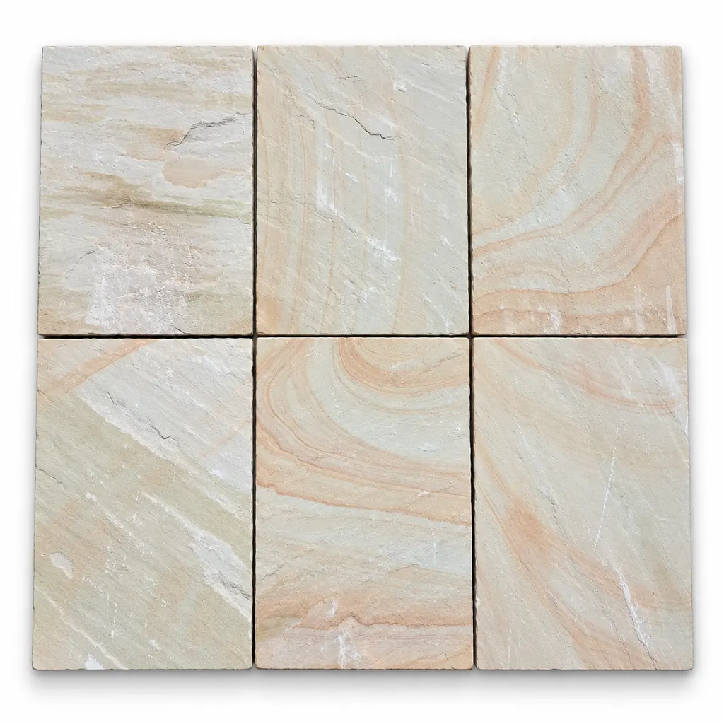 Desert Mint sandstone tiles with a pale grey-green surface and flowing peach and rust bands