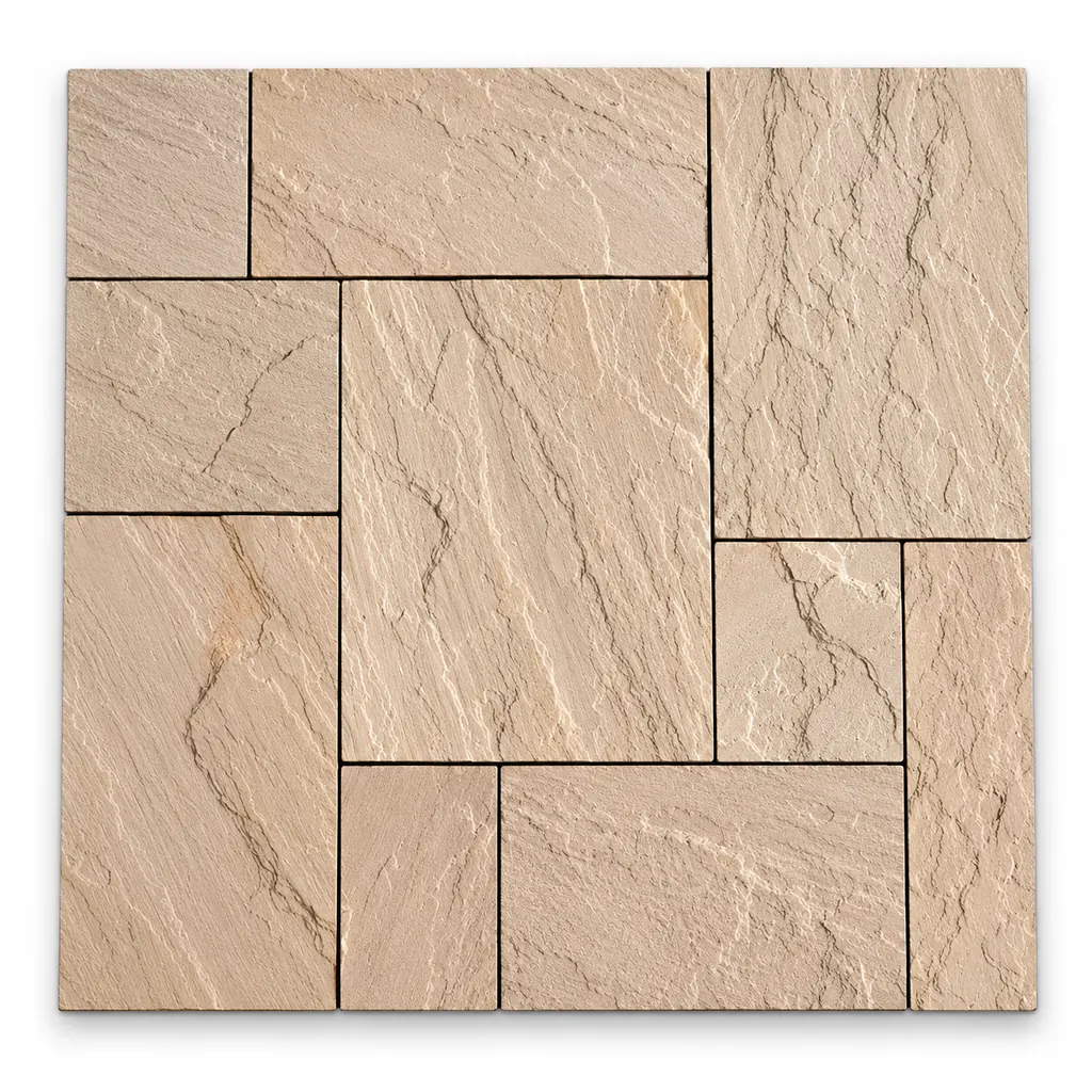 Dholpur Beige sandstone paving in mixed sizes with a warm beige riven surface