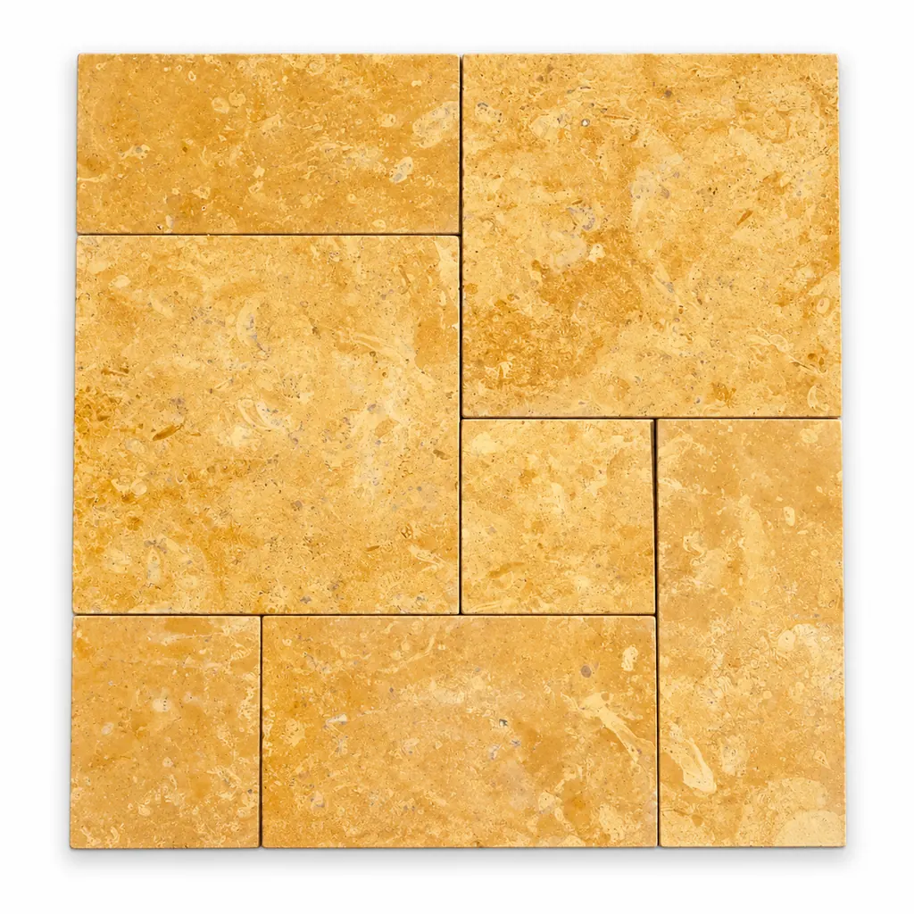 Flowery Gold sandstone paving in mixed sizes with a bright golden-yellow surface and pale flowery markings