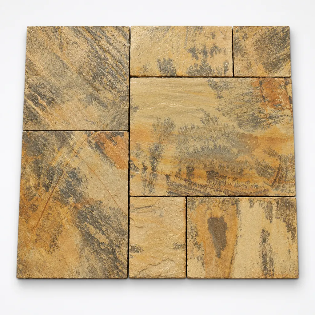 Fossil Mint sandstone paving in mixed sizes with a golden-buff surface and dark fern-like fossil markings