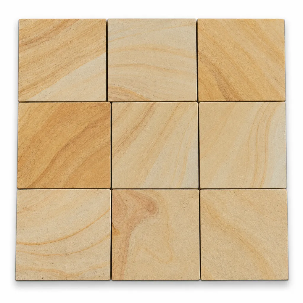Kota Desert sandstone tiles with a cream and buff surface and soft tan wave banding