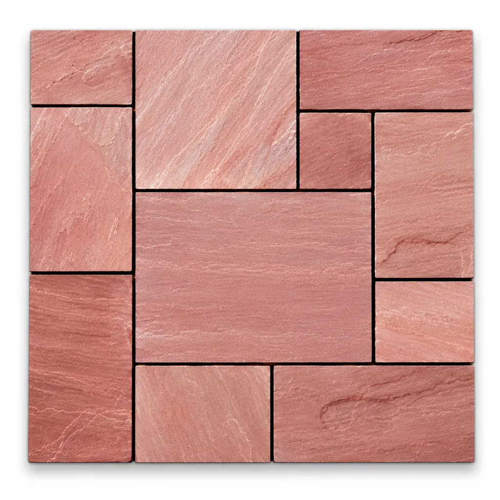 Mandana sandstone paving in a mixed-size pattern with a rose-red riven surface and fine lighter veining