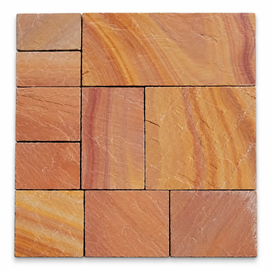 Modak sandstone paving in mixed sizes with terracotta, pink, honey and orange banding