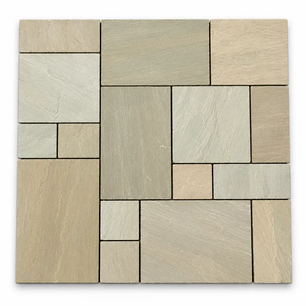 Raj Green sandstone paving in mixed sizes with soft sage-green, buff and beige tones