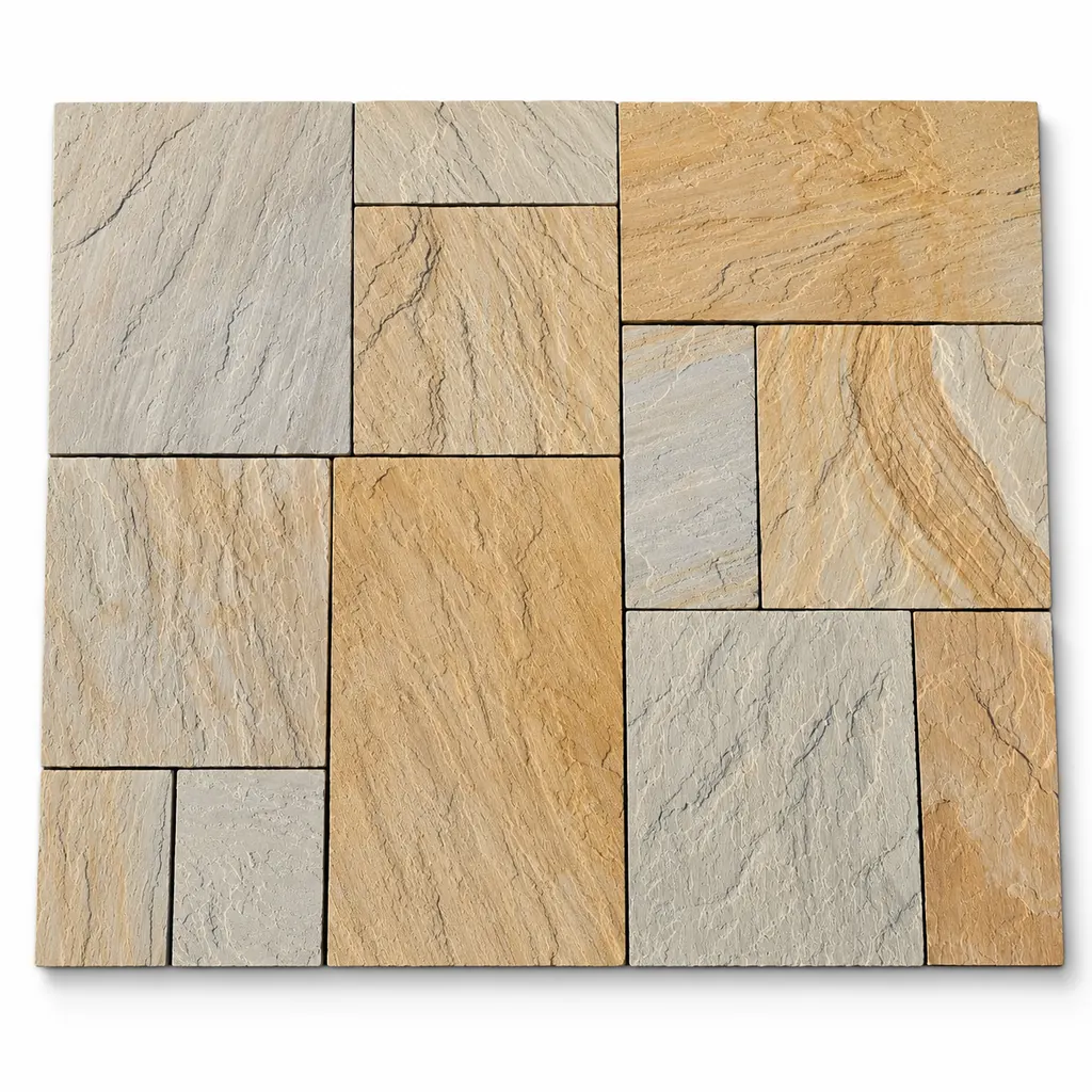 Ripon sandstone patio pack in mixed sizes with a grey and golden-brown riven surface