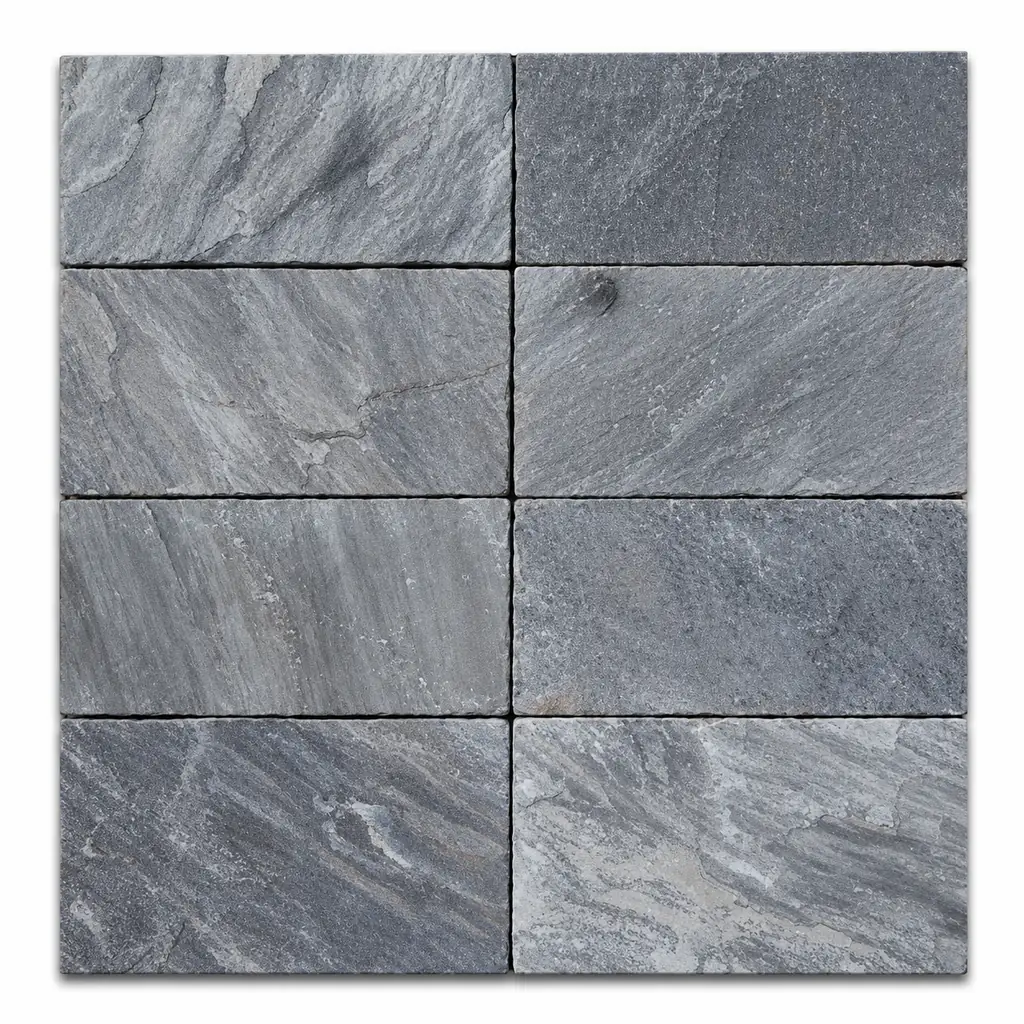 Sagar Black (Charcoal) sandstone tiles with a dark charcoal-grey natural riven surface and lighter grey veining