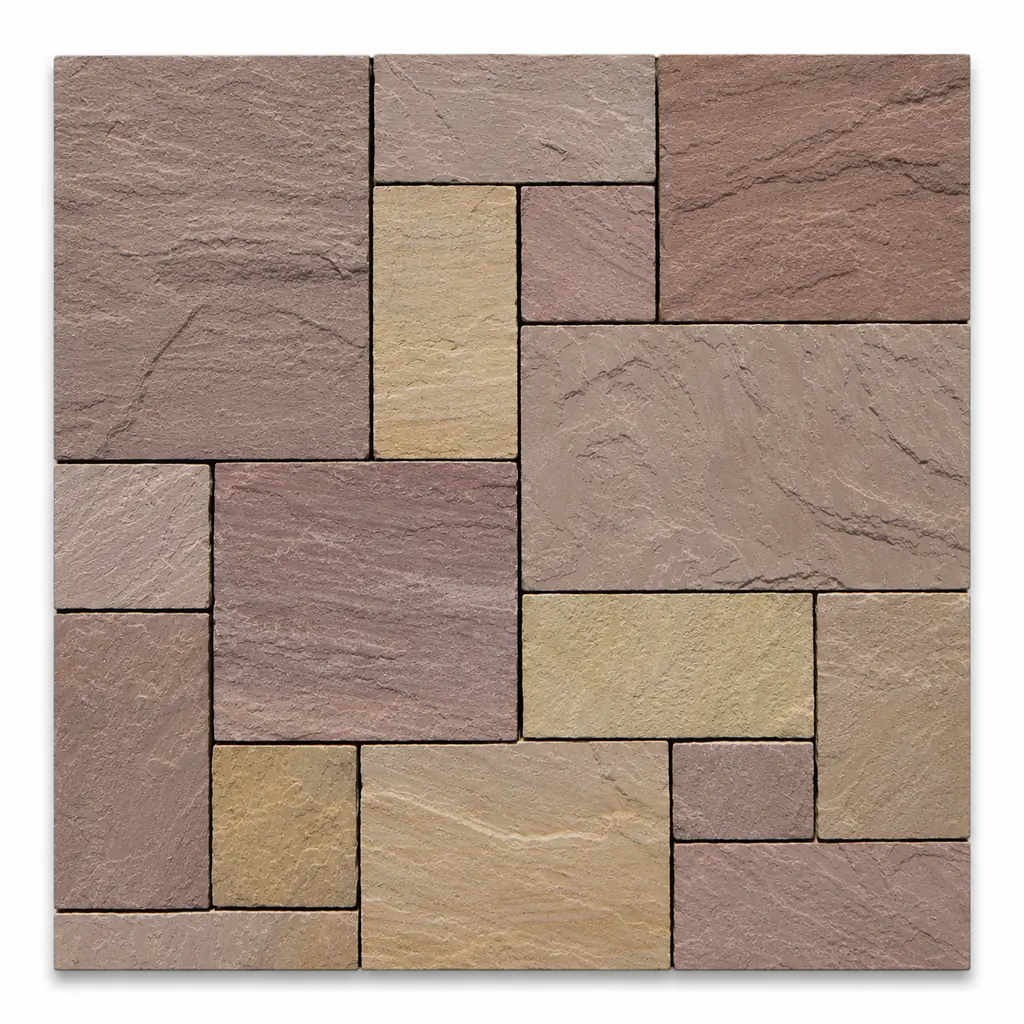 Toskana sandstone paving in a mixed-size pattern with multi-toned plum, rose-brown and golden riven surfaces