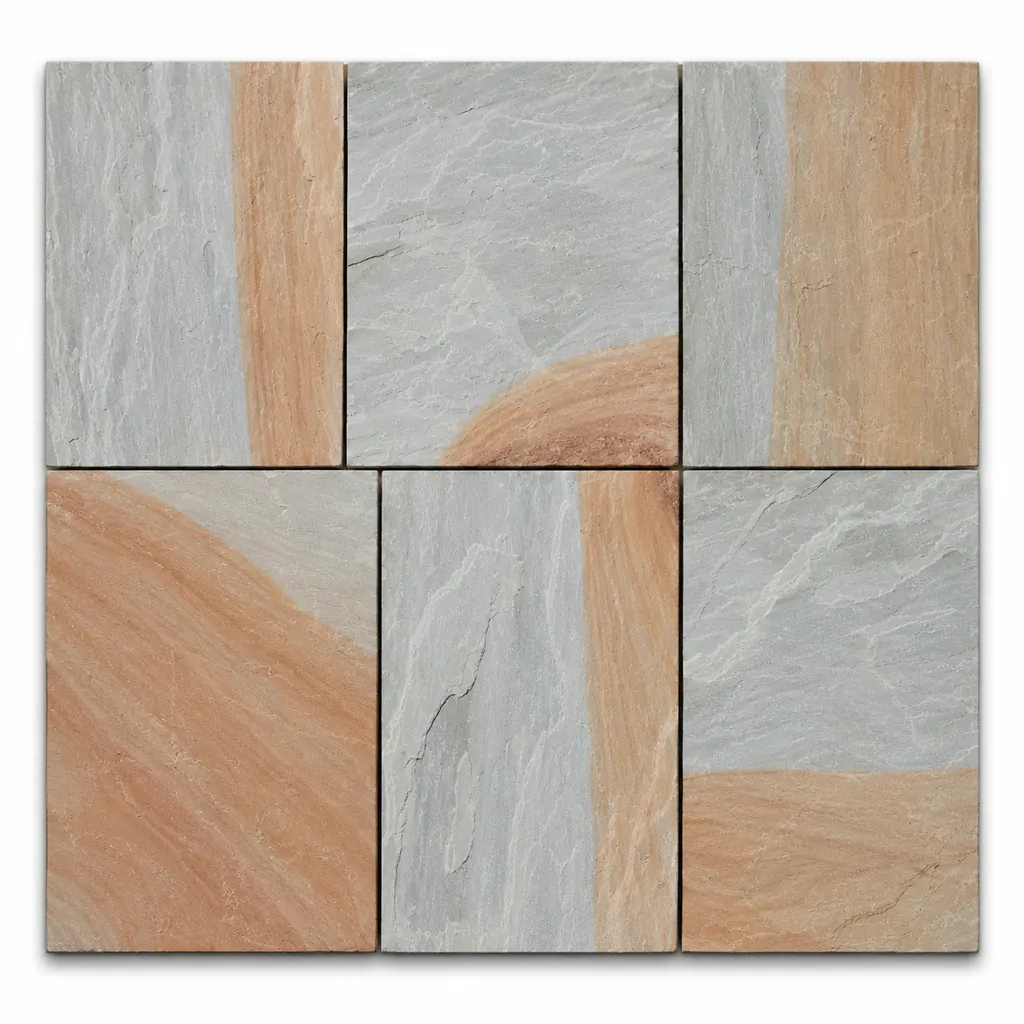 Two Tone sandstone tiles with bold bands of cool grey and warm peach-tan on a natural riven surface