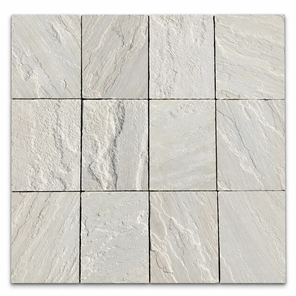 White Mint sandstone tiles with a light off-white natural riven surface