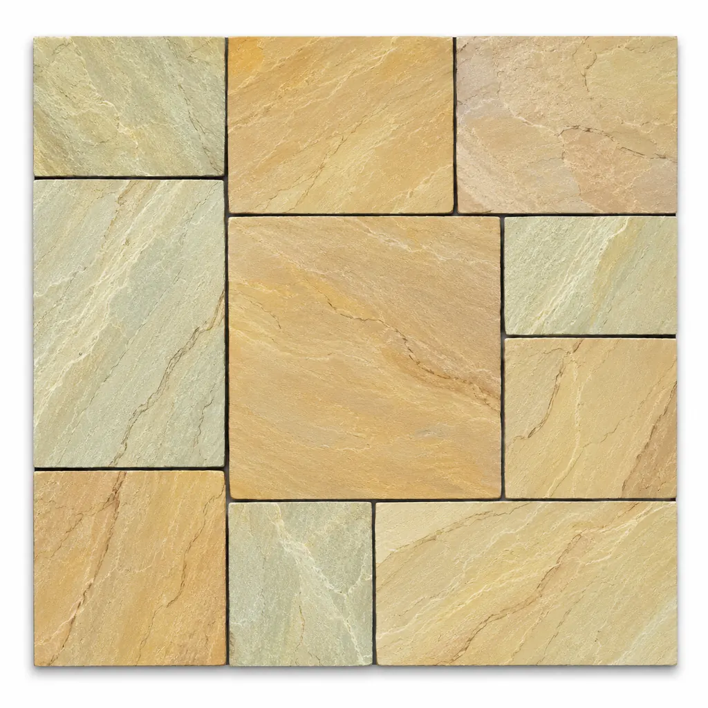 Yellow Mint sandstone paving in a mixed-size pattern with golden-yellow and pale mint-green riven surfaces