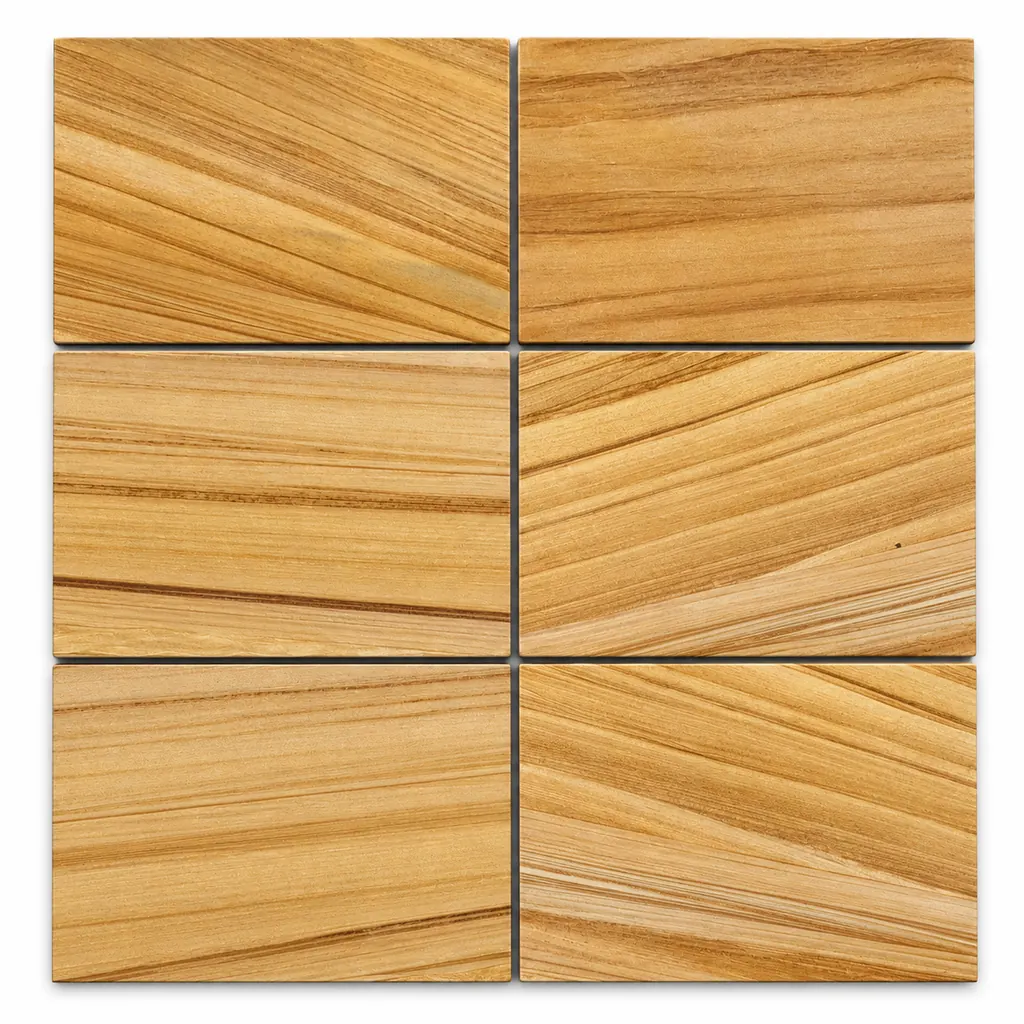 Yellow Teakwood sandstone tiles with a golden-yellow surface and long, teak-like wood-grain lines