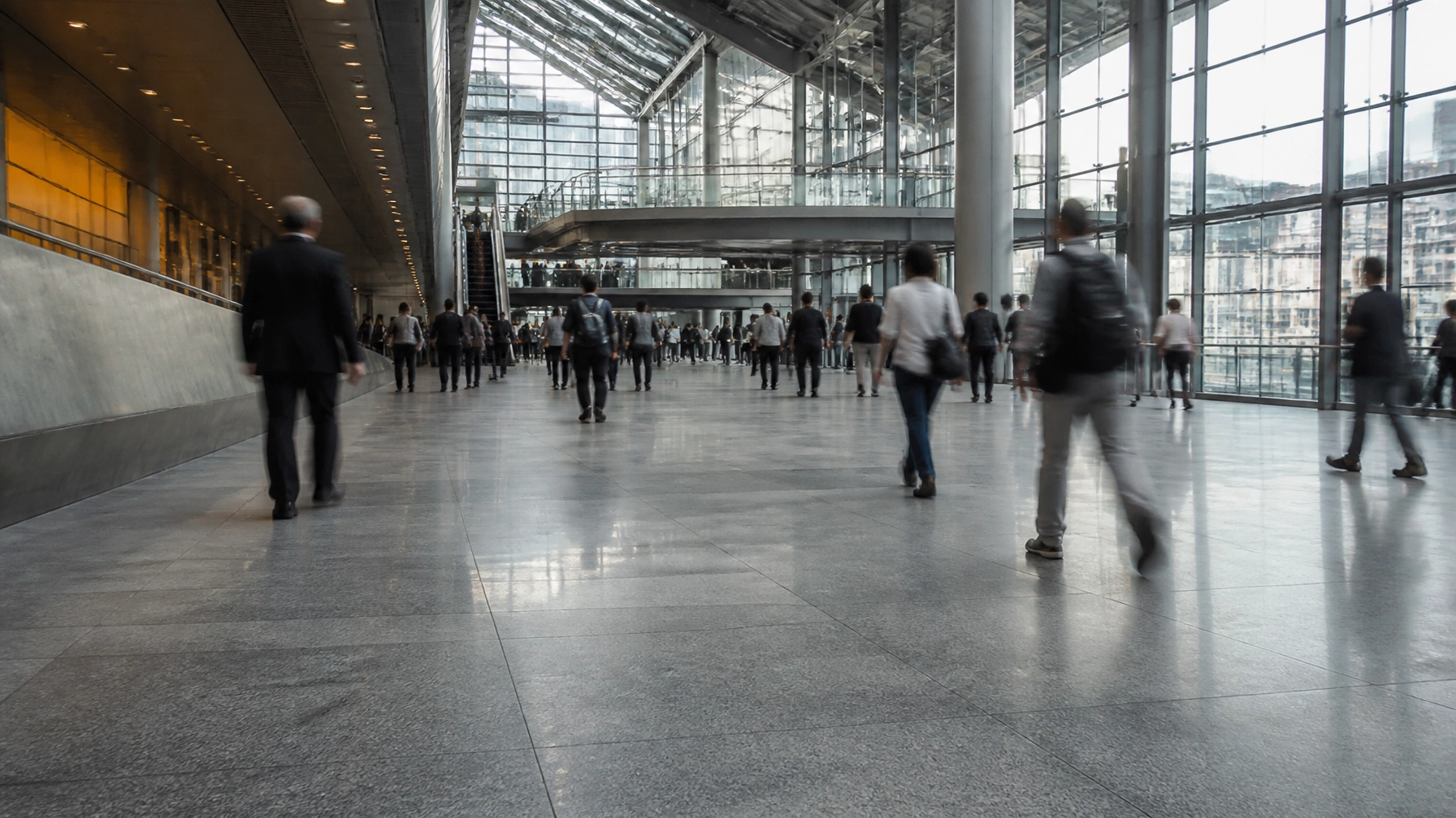 Large-format Steel Grey Granite slabs used in a modern transportation hub, showcasing the stone's durability in high-traffic environments.