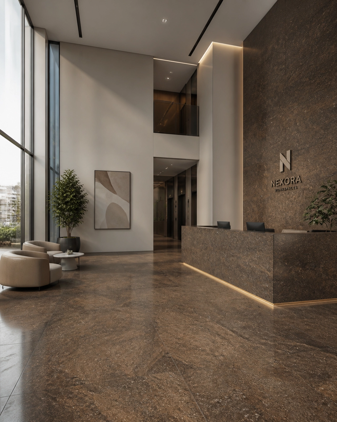 Z Brown Granite Vs. Baltic Brown: Which Is Better For Your Next Project? 2 Contemporary 2026 office lobby featuring large-format Z Brown Granite floor tiles and a minimalist reception desk.