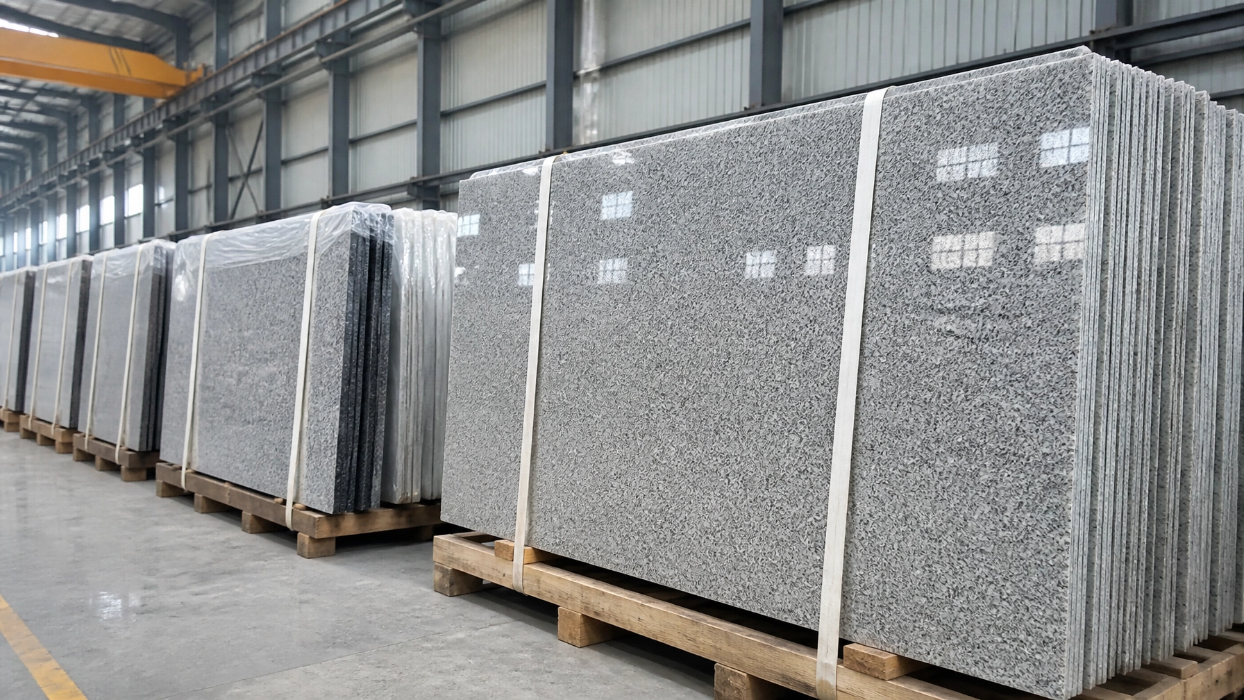 Polished and textured grey granite slabs staged in a processing facility, ready for international shipment.