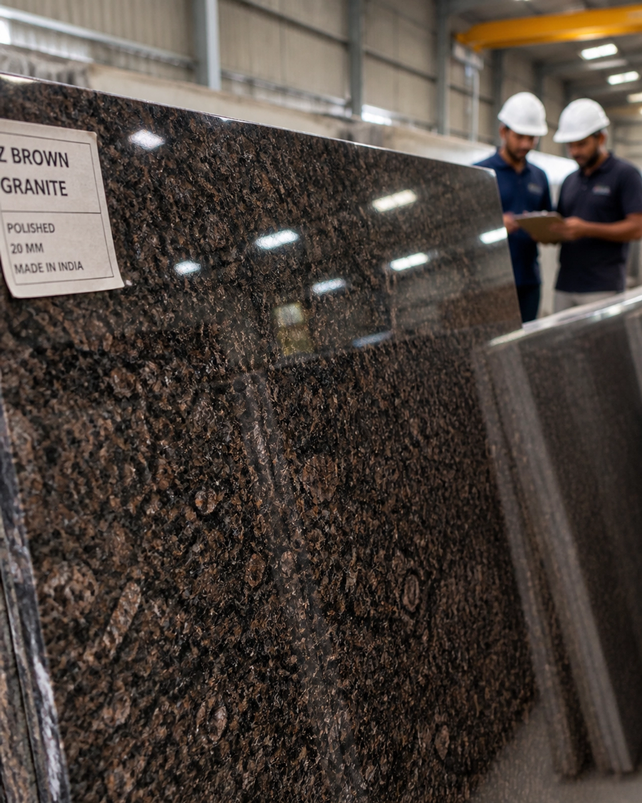 Z Brown Granite Vs. Baltic Brown: Which Is Better For Your Next Project? 3 A close-up of a high-quality polished Z Brown Granite slab at a Stone Harbor export warehouse in India, showing depth and texture.