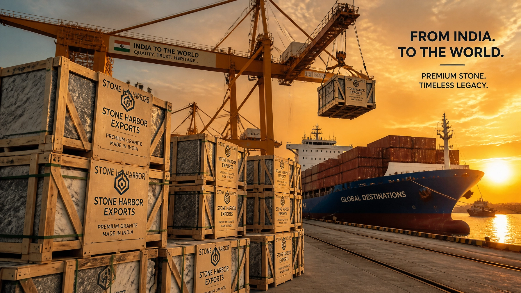 Z Brown Granite Vs. Baltic Brown: Which Is Better For Your Next Project? 4 International shipping port at sunset with crates of Stone Harbor Exports granite slabs being loaded onto a container ship.