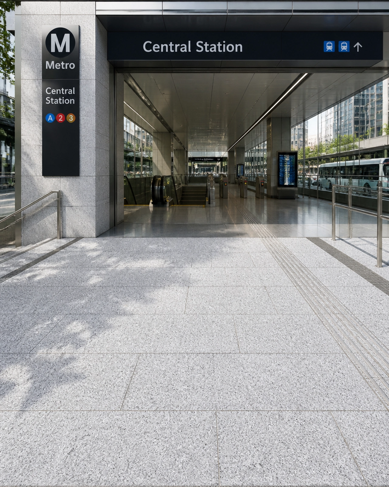 Infrastructure Foundations: Why Global Developers are Switching to Adhunik Grey Granite for 2026 Hubs 2 Modern metro station with flamed grey granite paving for exterior paths