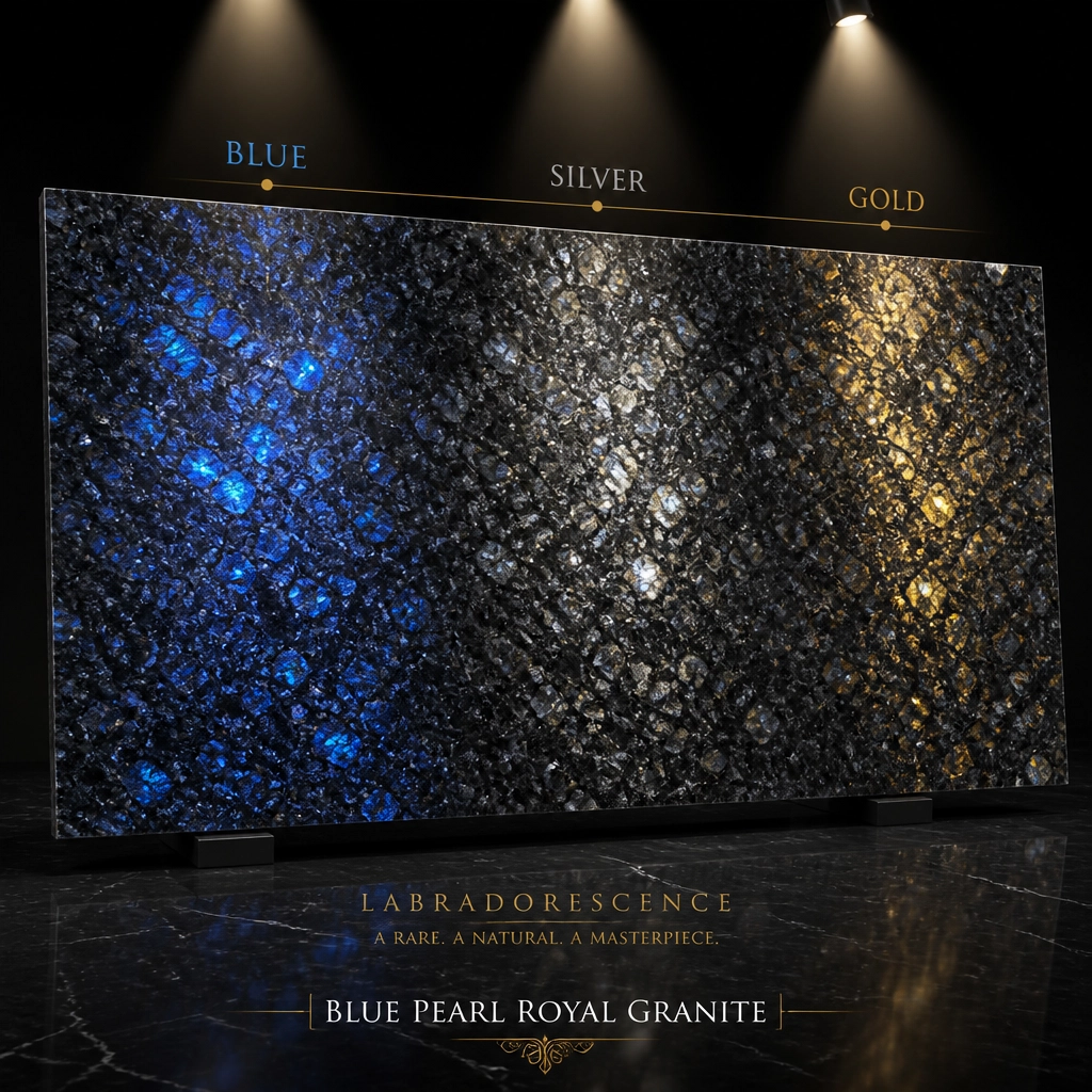 Visual Depth: Why Blue Pearl Royal Granite Remains a Global Favorite for Statement Lobbies 3 A conceptual visualization of the labradorescence effect in Blue Pearl Granite