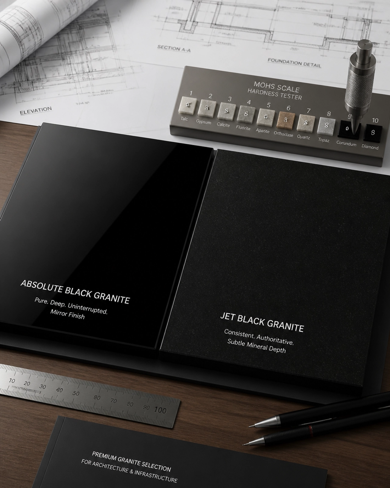 Beyond Basic Black: Comparing Jet Black Granite vs. Absolute Black for High-Traffic Infrastructure 2 A detailed side-by-side comparison of Absolute Black and Jet Black granite samples on a designer's desk with architectural drawings.