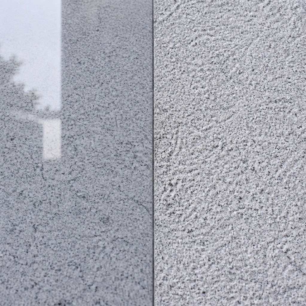 Infrastructure Foundations: Why Global Developers are Switching to Adhunik Grey Granite for 2026 Hubs 3 Comparison of polished vs flamed finishes on Adhunik Grey Granite