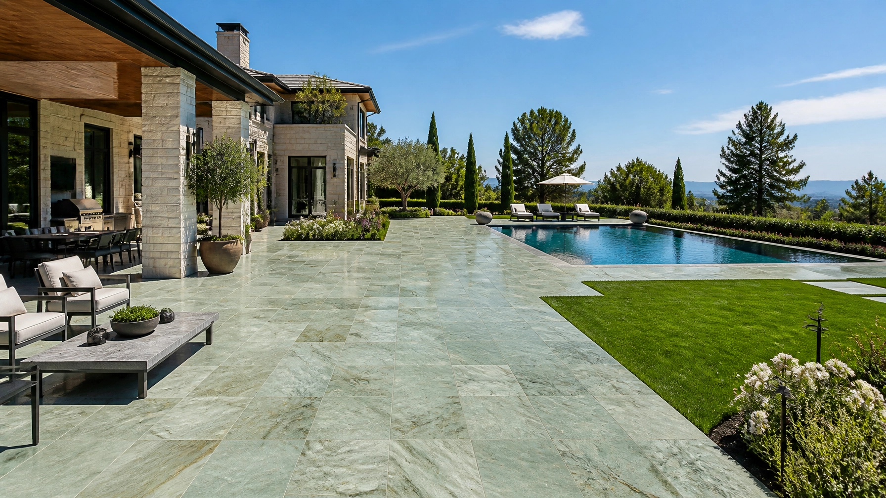 The "Green" Wave: Exploring the Aesthetic Versatility of Apple Green Granite in Modern Landscaping 3 Wide shot of a sprawling luxury villa patio paved with large-format Apple Green Granite slabs. The design is seamless and modern, blending with a manicured green lawn and a designer swimming pool with stone coping.