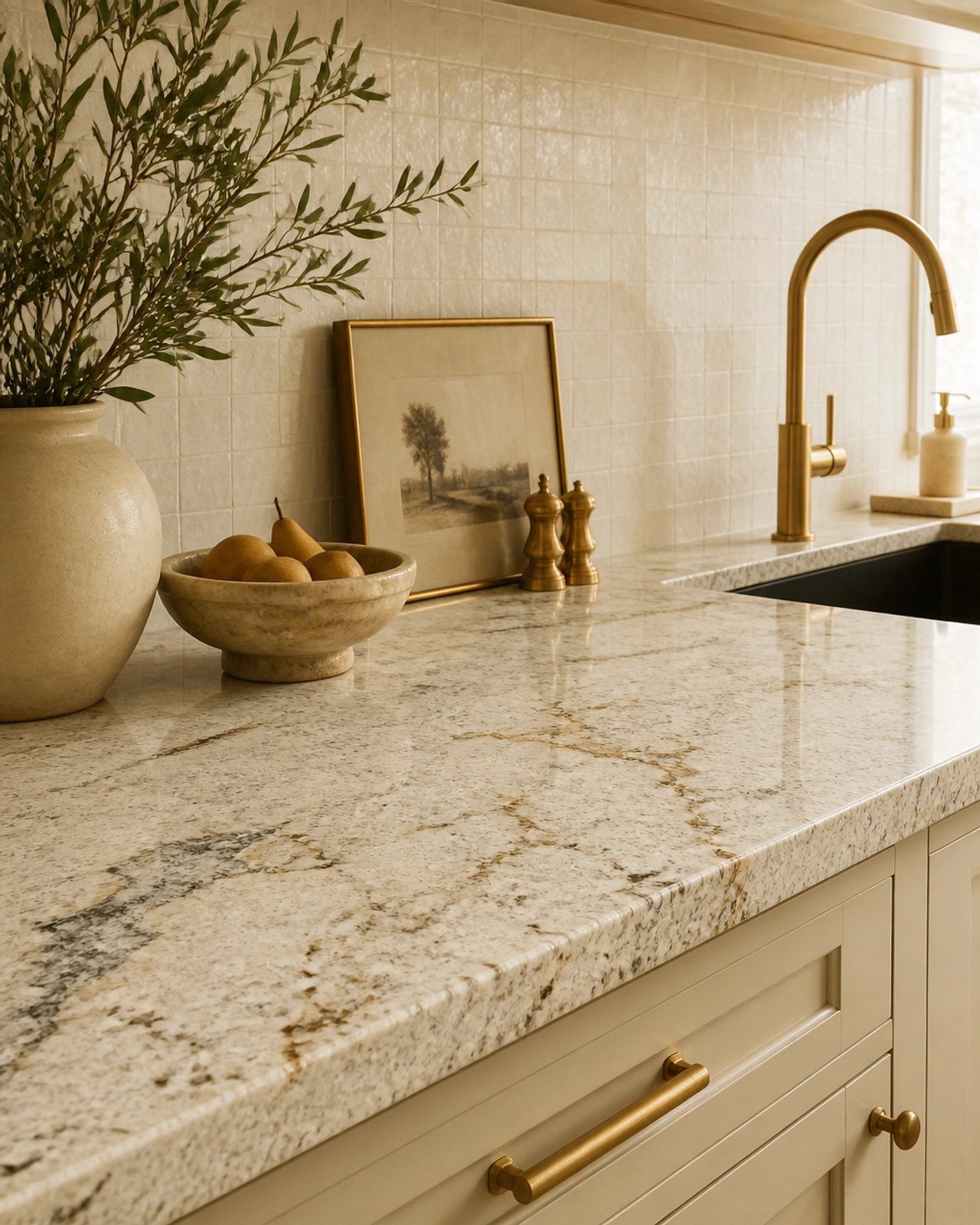 2026 Kitchen Design Trends: Why White Granite Still Reigns Supreme 4 Detail of a kitchen countertop using Colonial White Granite with warm accents