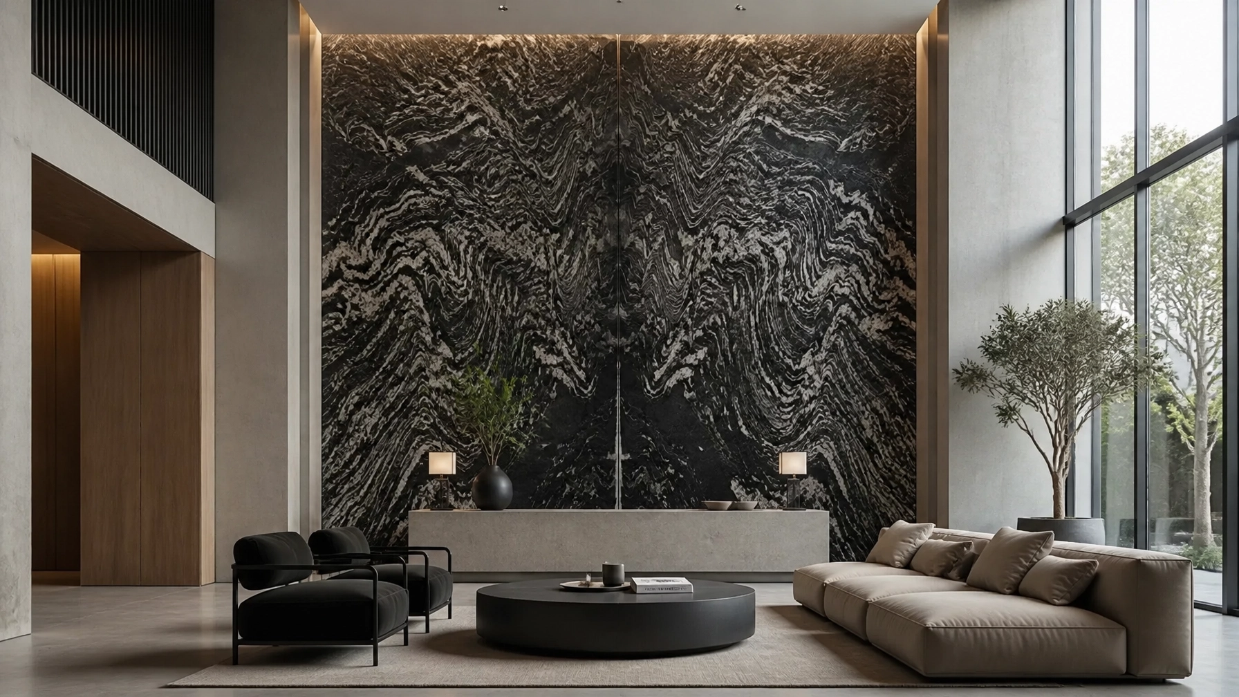 Leathered Black Forest Granite: Why This Texture is Taking Over Global High-End Interiors 4 Feature Wall: A massive living room feature wall in bookmatched Leathered Black Forest Granite