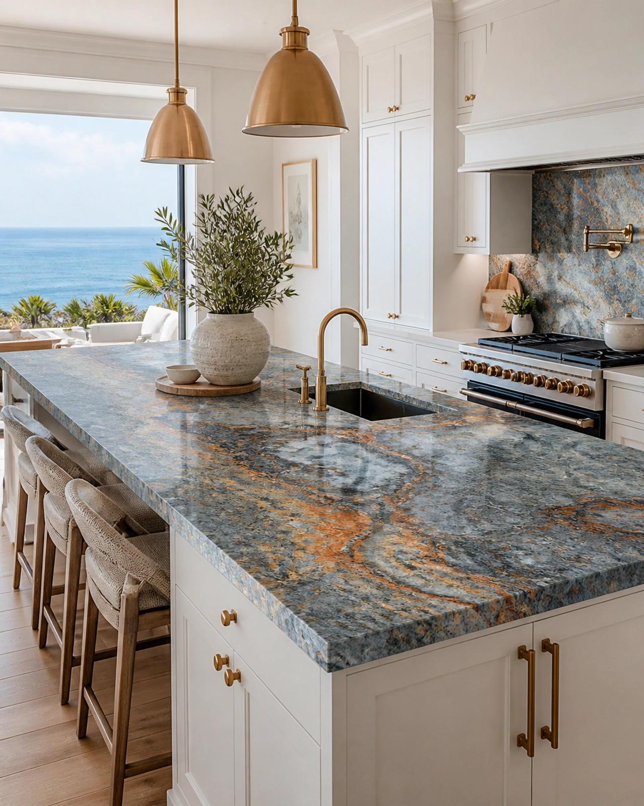 Himalayan Blue Granite: Scaling High-Altitude Aesthetics for Coastal Resort Projects 4 A luxury coastal villa kitchen island made of leathered Himalayan Blue Granite, showing unique orange and blue swirls.