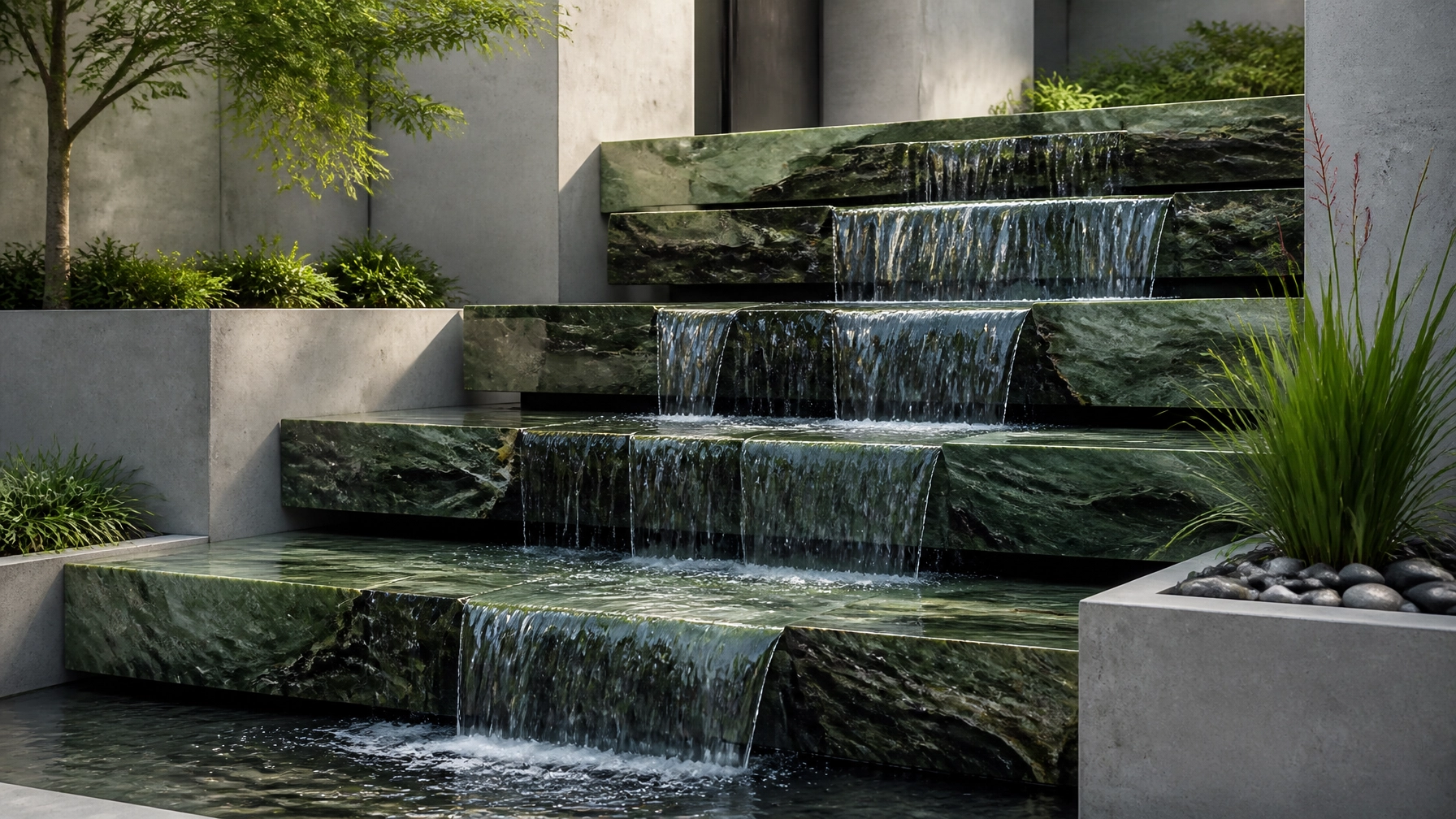 The "Green" Wave: Exploring the Aesthetic Versatility of Apple Green Granite in Modern Landscaping 2 An elegant contemporary outdoor water feature with water cascading over multi-tiered slabs of Apple Green Granite. The wet stone reveals deep, vibrant green tones. Surrounded by minimalist landscaping and architectural concrete.