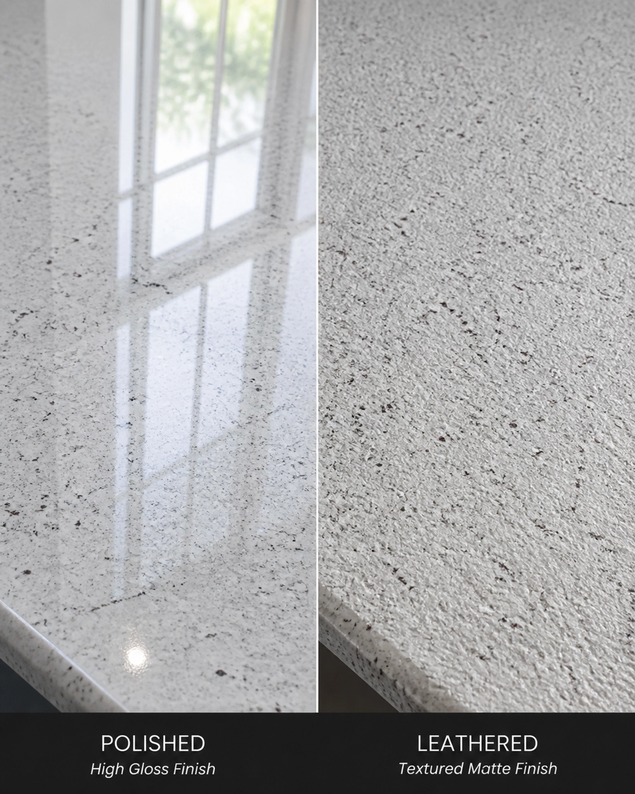 2026 Kitchen Design Trends: Why White Granite Still Reigns Supreme 3 Comparison of polished vs leathered granite finishes on white slabs