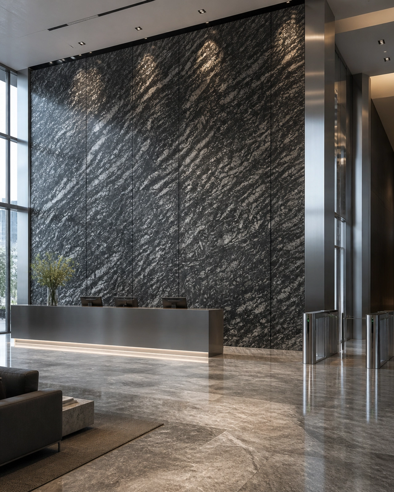 The Texture Revolution: How Leathered Black Forest Granite is Redefining Commercial Interiors 3 A corporate lobby feature wall made of large Black Forest Granite slabs, showcasing its moody and rich architectural texture.