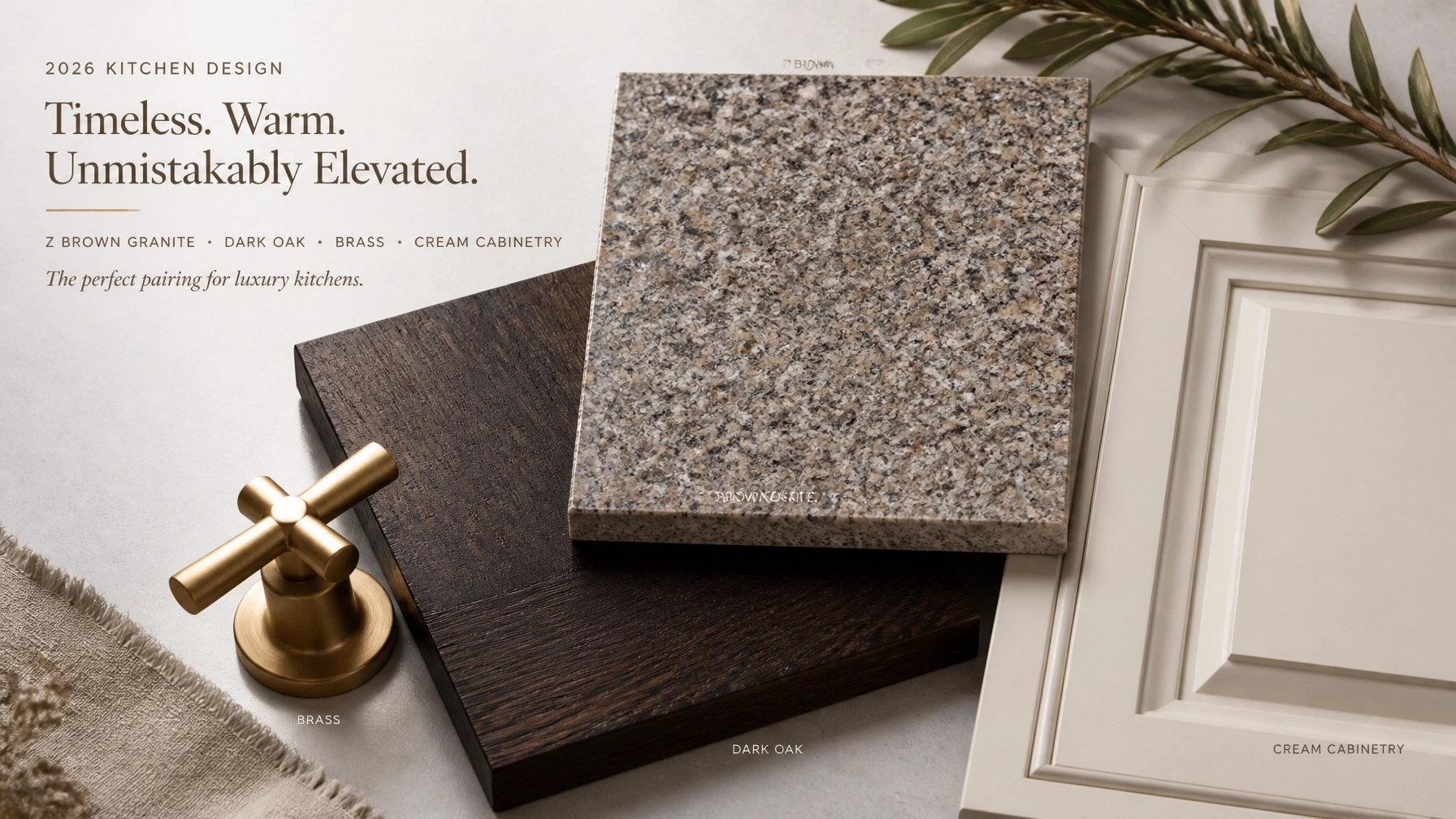 Warmth & Durability: Why Z Brown Granite is Outperforming Synthetics in High-End Kitchens 3 Interior design mood board with Z Brown Granite, dark wood, brass hardware, and cream cabinetry