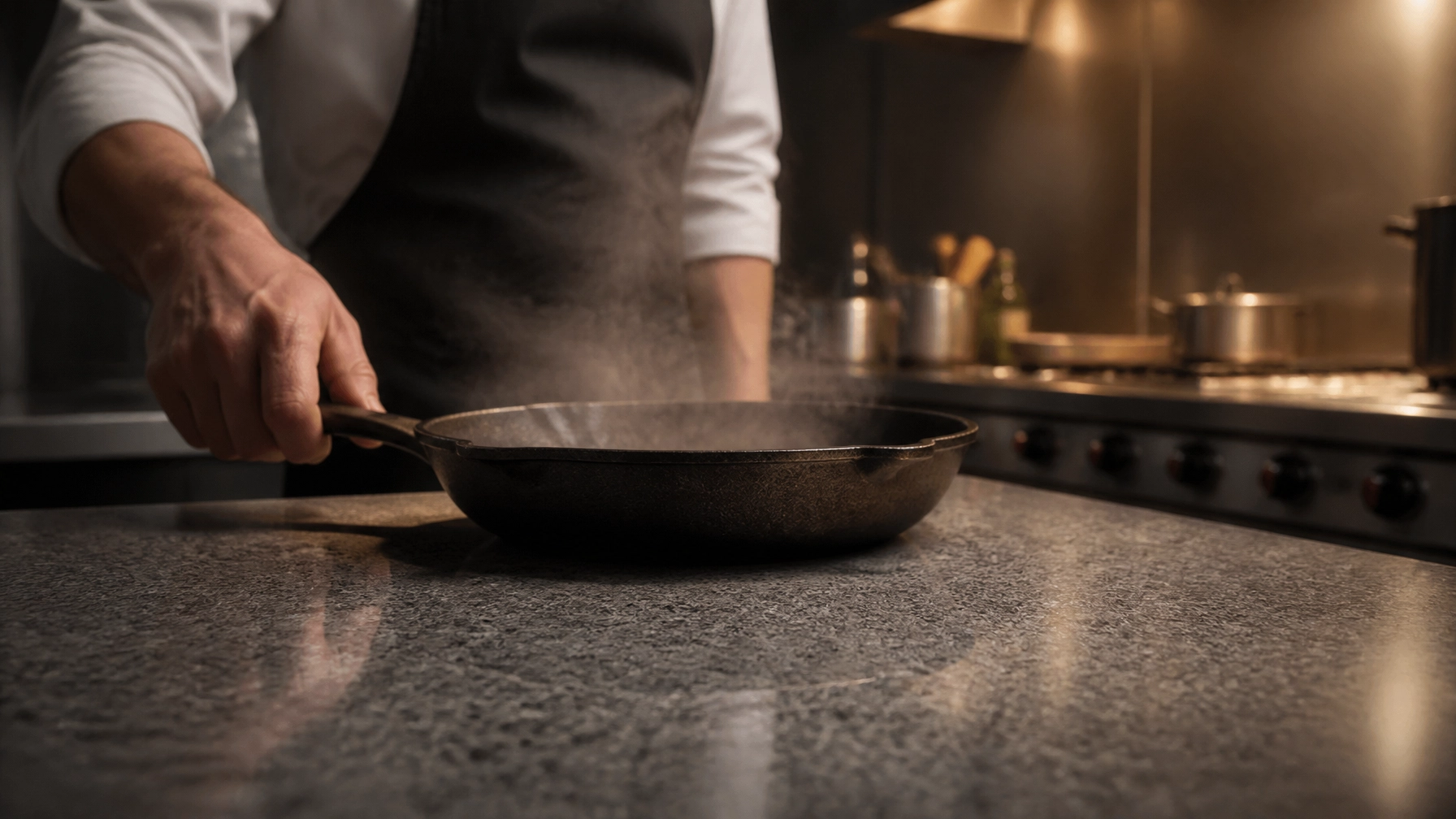 Warmth & Durability: Why Z Brown Granite is Outperforming Synthetics in High-End Kitchens 2 Chef placing a hot cast iron pan directly on a Z Brown Granite countertop, showcasing heat resistance