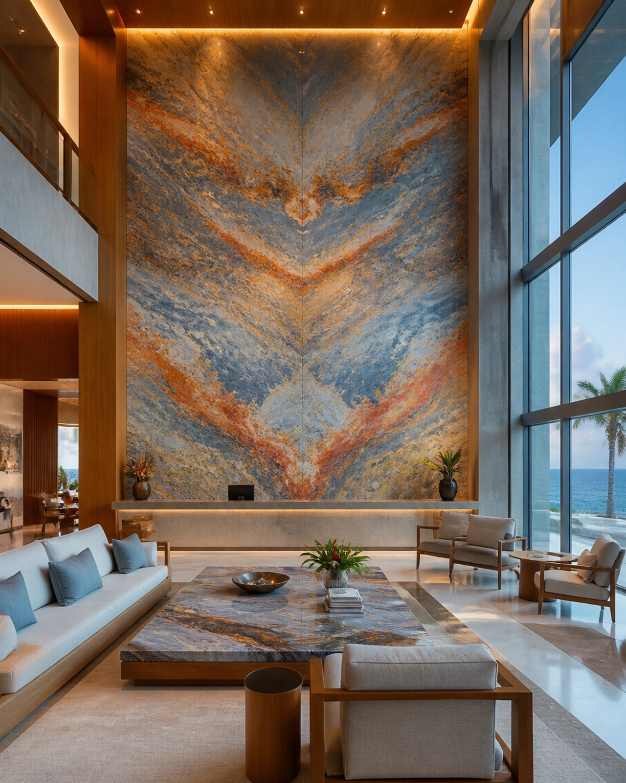 Himalayan Blue Granite: Scaling High-Altitude Aesthetics for Coastal Resort Projects 2 Luxury resort lobby featuring a floor-to-ceiling bookmatched feature wall made of polished Himalayan Blue Granite.