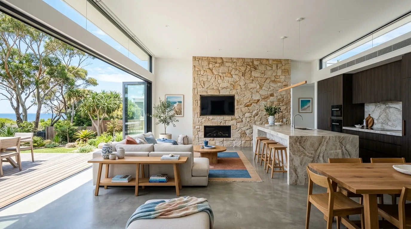 Natural Stone & Granite Exporter to Australia 1 Bright contemporary Australian home with natural stone island bench and stone-clad wall, Stone Harbor Exports