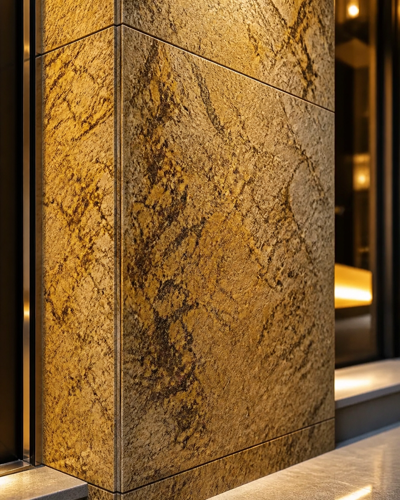 Close-up detail of Alaska Gold Granite in a leathered finish showing rich mineral veins