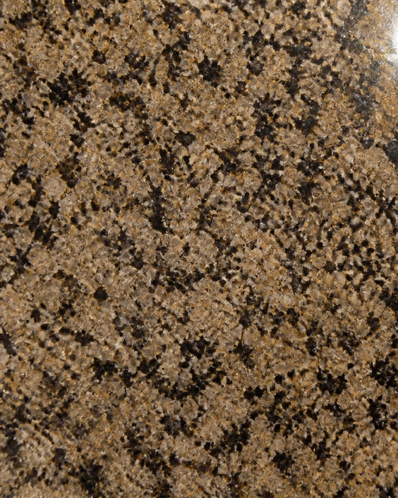 Warmth & Durability: Why Z Brown Granite is Outperforming Synthetics in High-End Kitchens 1 Macro close-up of Z Brown Granite showing warm earthy-brown minerals and crystalline depth