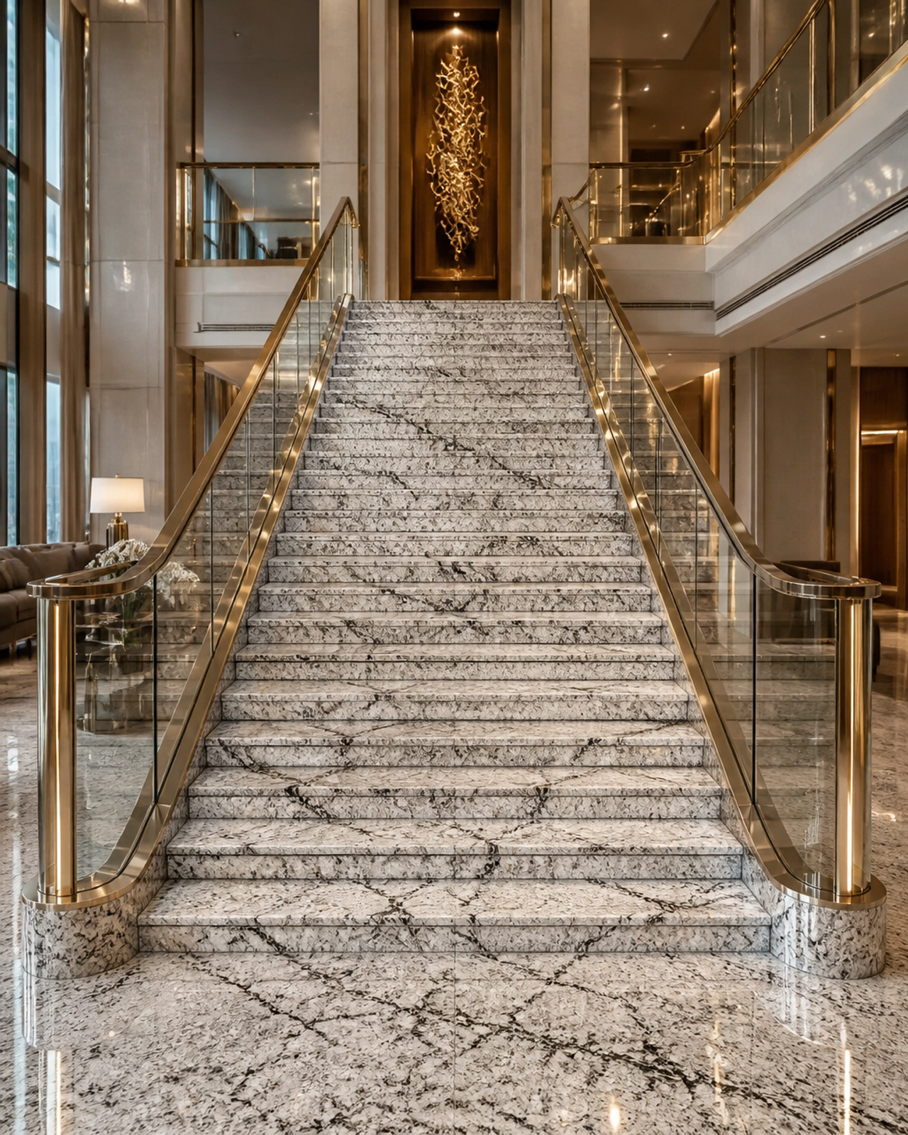 Refined Resilience: Why Colonial White Granite is the Top Choice for Global Hotel Chains 2 A grand staircase in a luxury hotel atrium with treads and risers made of Colonial White Granite.
