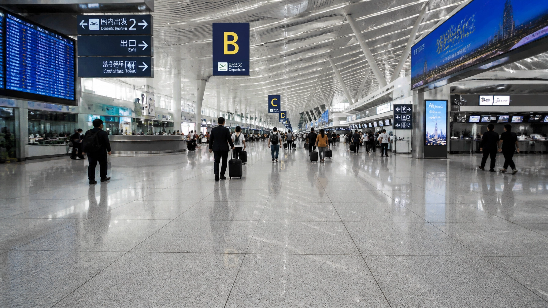 The Architect’s Guide to Sadarahalli Granite: Strength Meets Minimalist Grey 2 A futuristic airport terminal showing large-format light grey granite flooring, ideal for high-traffic infrastructure projects.