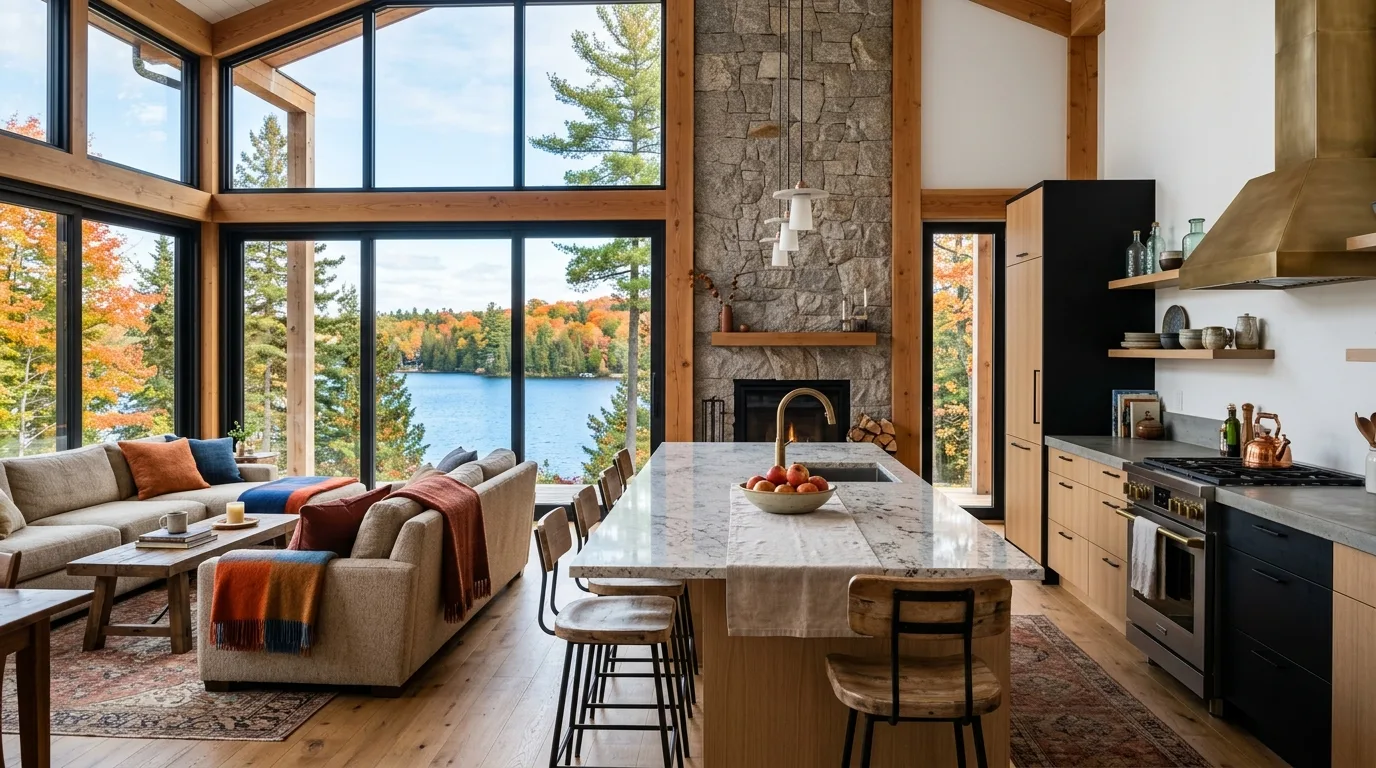 Granite & Quartzite Slabs to Canada 1 Canadian lakeside home with white granite island and natural stone feature wall, Stone Harbor Exports
