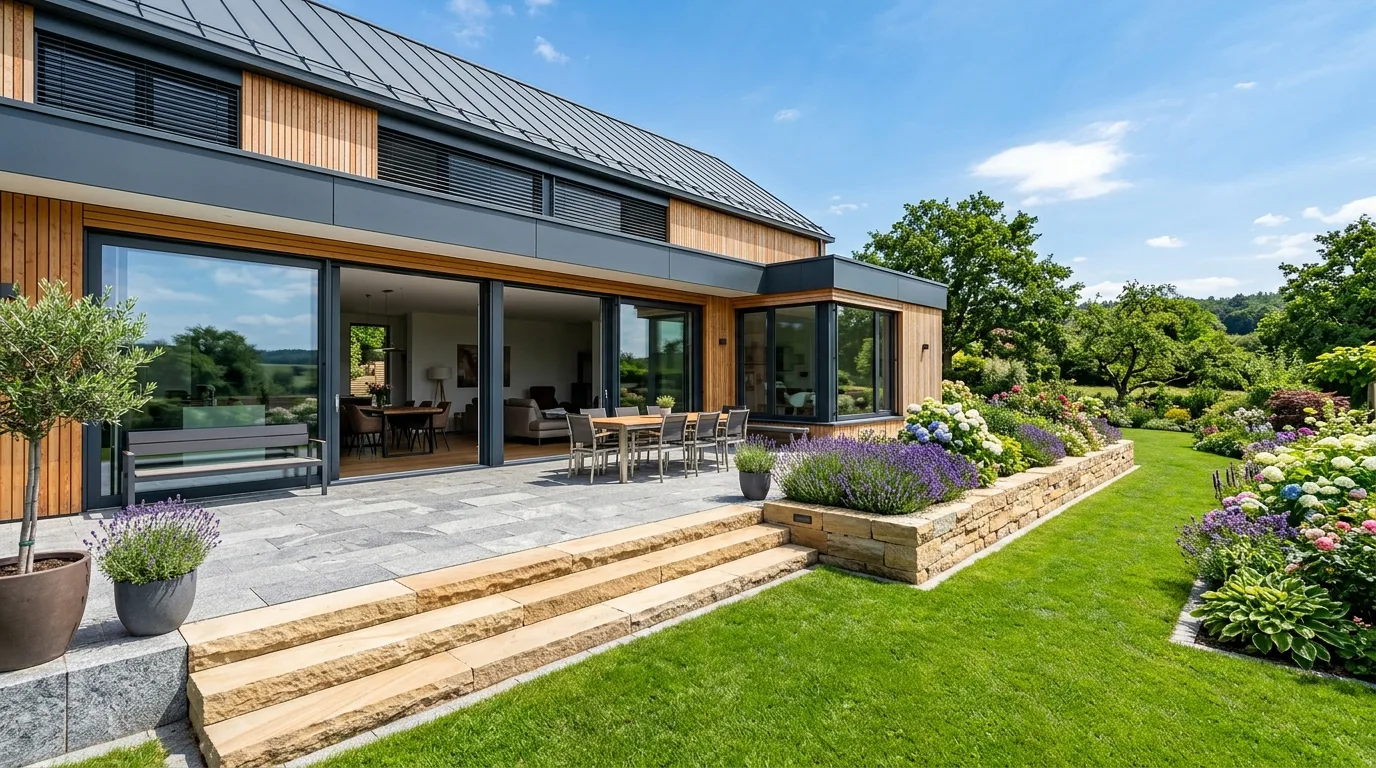 Granit- und Sandsteinplatten aus Indien 1 Moderne Terrasse mit Granitplatten und Sandsteinmauer, Naturstein von Stone Harbor Exports
