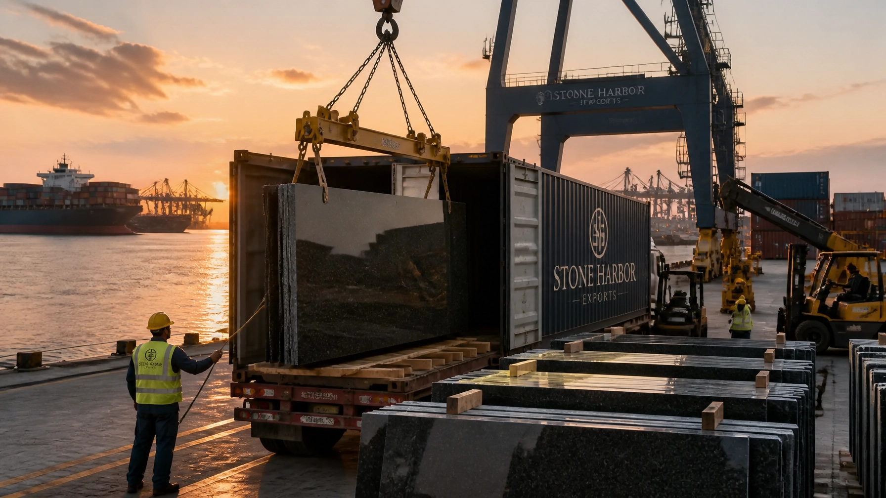 The Rise of "Quiet Luxury": Why Black Pearl Granite is the 2026 Choice for Minimalist Architects 4 A visionary scene at an international shipping port at sunset with Stone Harbor Exports shipping premium granite