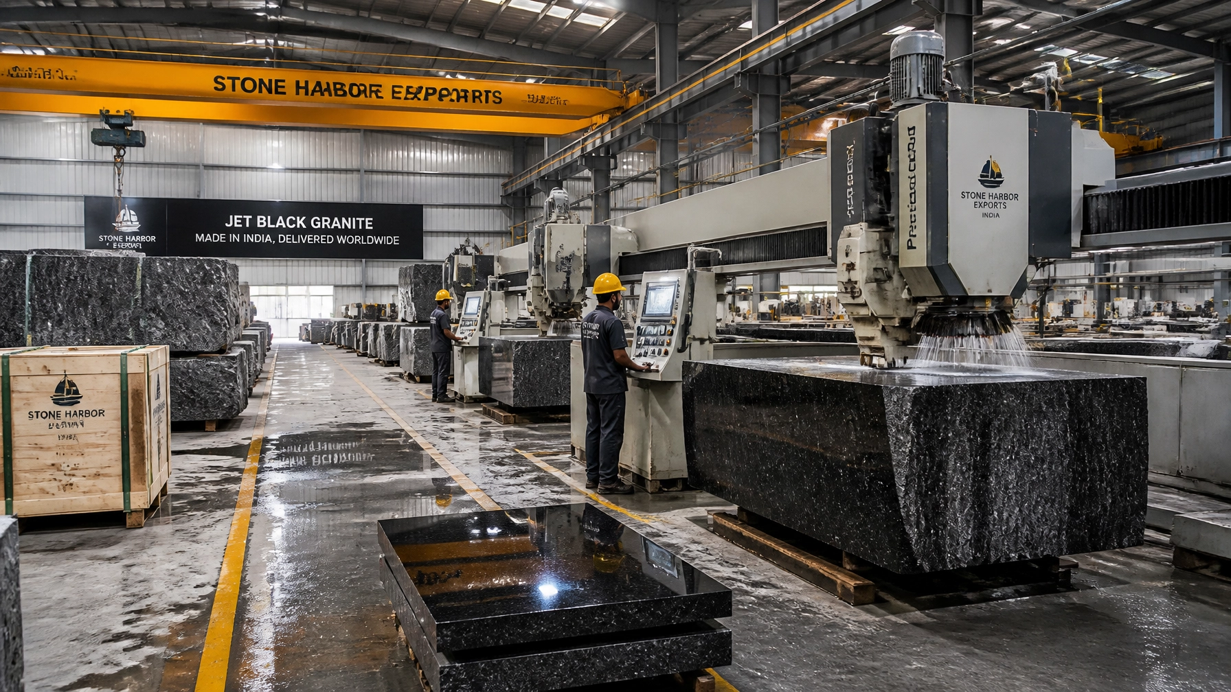 Beyond Basic Black: Comparing Jet Black Granite vs. Absolute Black for High-Traffic Infrastructure 4 A professional view of a stone processing facility in South India, with massive raw blocks of Jet Black Granite being precision-cut for export.
