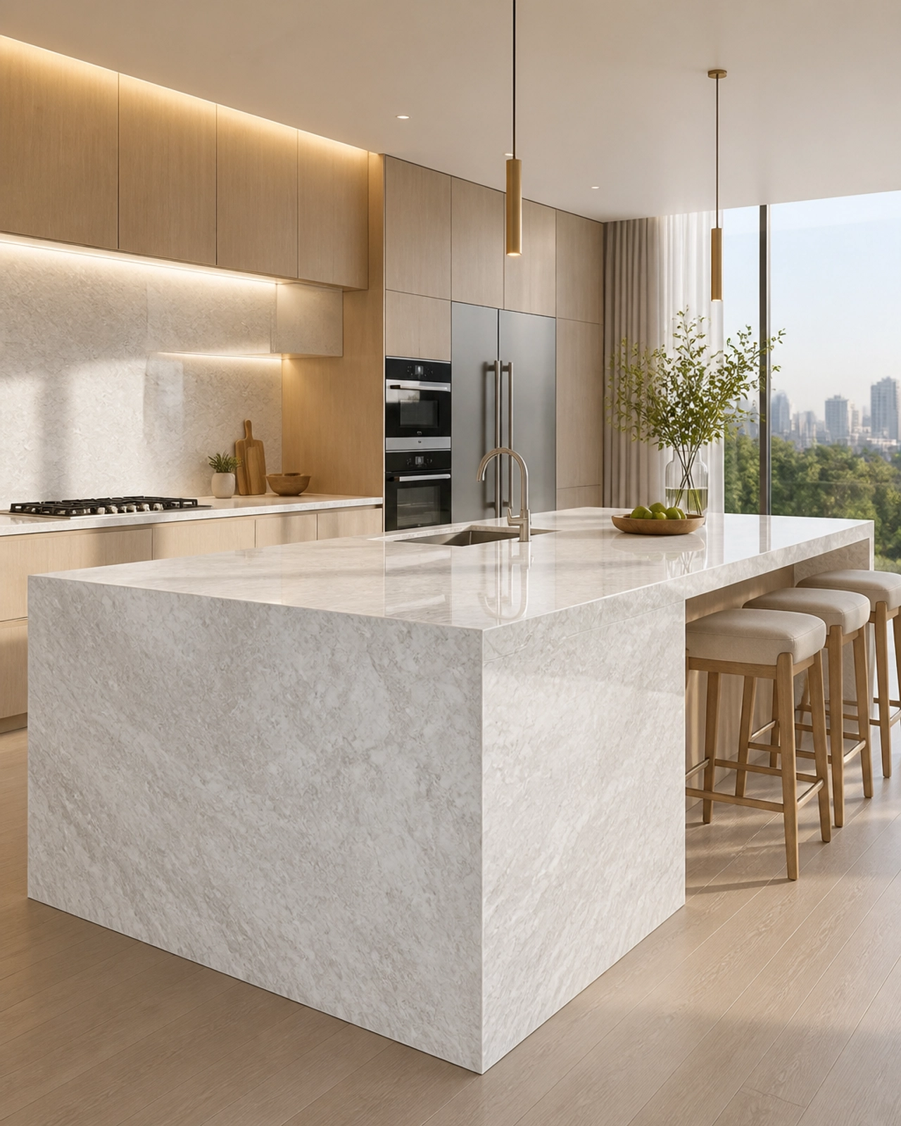Luxury at Scale: Sourcing Large-Format Crystal White Granite Slabs 3 Modern kitchen featuring a massive island countertop made from a single, large-format Crystal White Granite slab