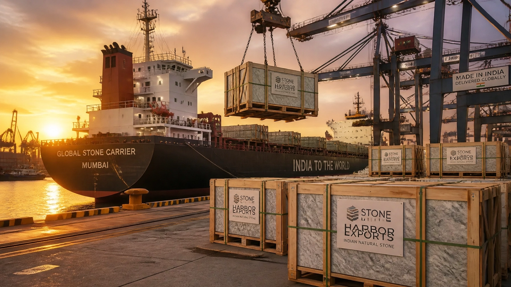 Luxury at Scale: Sourcing Large-Format Crystal White Granite Slabs 4 Global logistics scene showing large-format granite slabs being loaded onto a shipping vessel for export