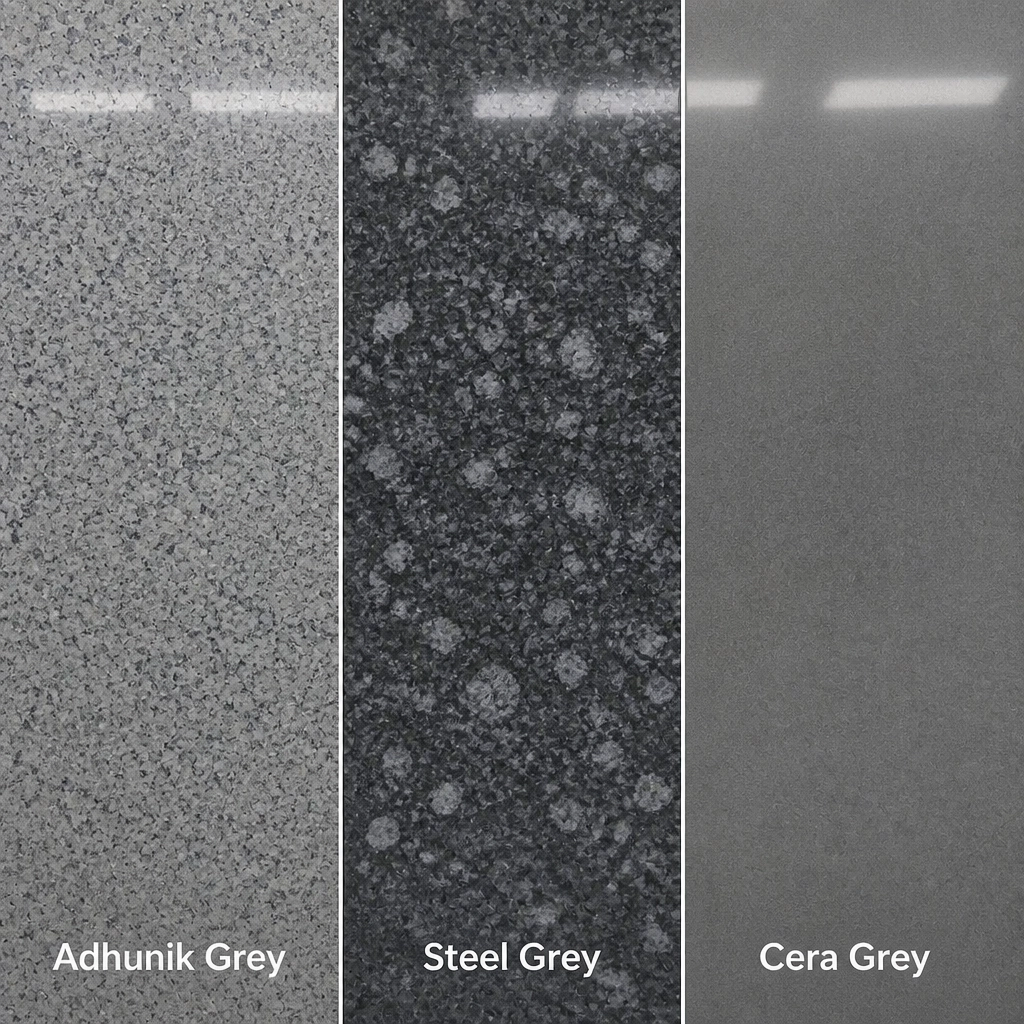 Modern Neutrals: The Growing Global Demand for Granite Grey Colour in Industrial Design 1 Comparison of grey granite textures showing fine-grained, steel-flecked, and smooth refined finishes.