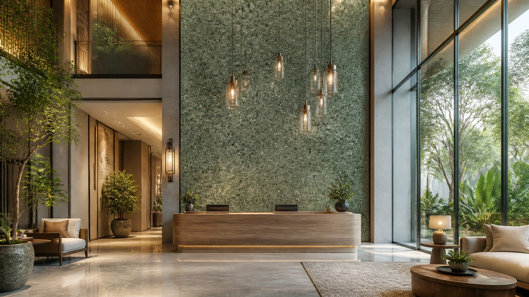 Beyond the Neutral: Why Design Visionaries are Turning to Apple Green Granite for Biophilic Luxury 2 A luxury spa environment featuring leathered Apple Green Granite on the walls and around a water feature, emphasizing its tactile, nature-connected feel.