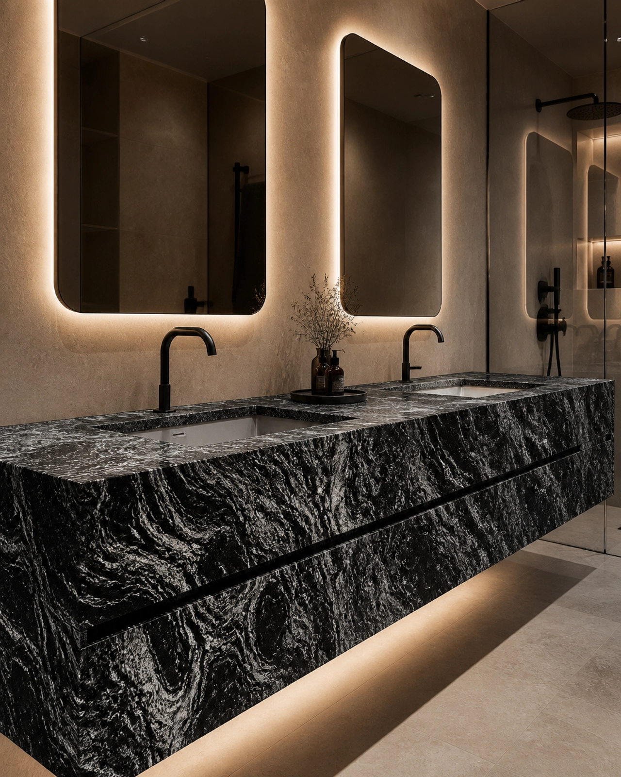 Leathered Black Forest Granite: Why This Texture is Taking Over Global High-End Interiors 3 Bathroom Vanity: A floating double vanity in Leathered Black Forest Granite